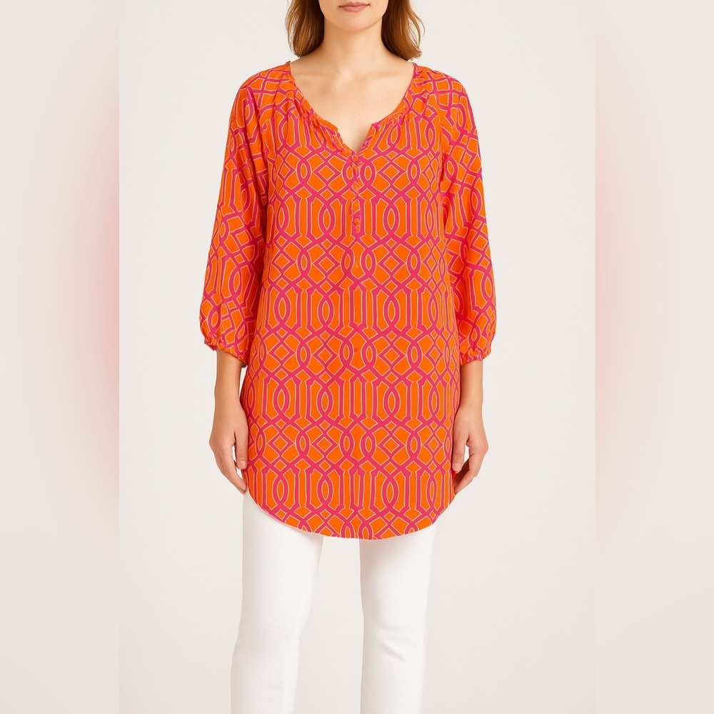 Mudpie Reese Tunic in Lattice Print‎ Bright Orange Pink Blouse NEW Size Small